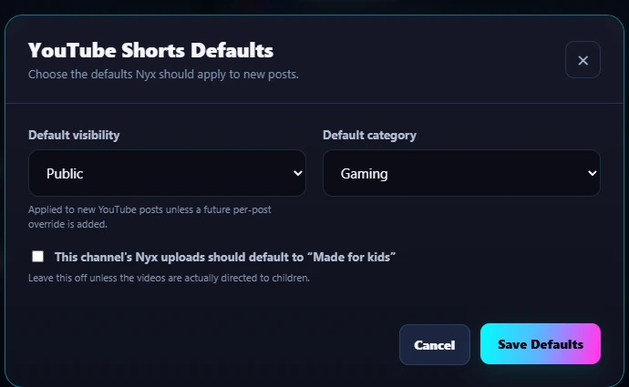 Nyx YouTube publishing defaults